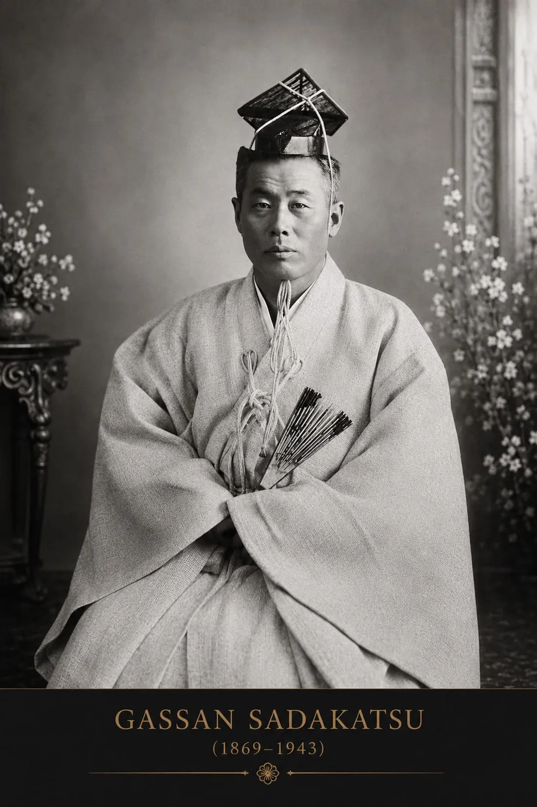 Historical studio portrait of swordsmith Gassan Sadakatsu (1869 to 1943) seated in formal Shintō court dress with eboshi cap and ceremonial fan, plum blossoms beside him