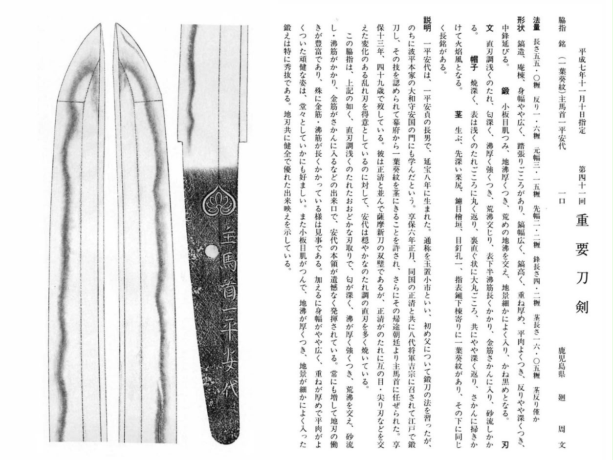 NBTHK Jūyō Tōken oshigata of the Shume no Kami Ippei Yasuyo wakizashi showing the suguha hamon, ko-itame hada, and signed nakago with the Ichiyō Aoi Mon Tokugawa crest