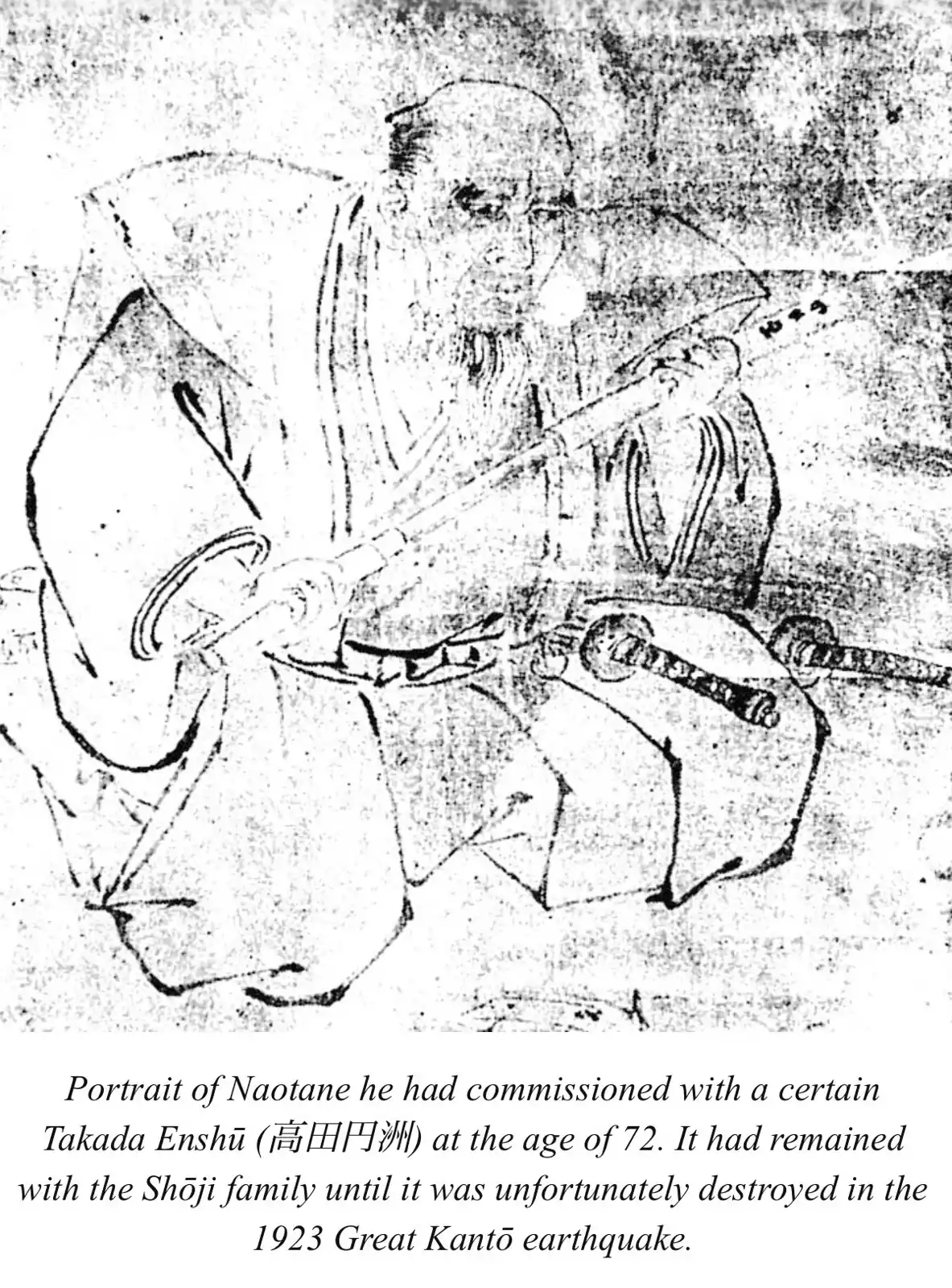 Historical ink portrait of the swordsmith Taikei Naotane at the age of seventy two, commissioned with Takada Enshū and later lost in the 1923 Great Kantō earthquake