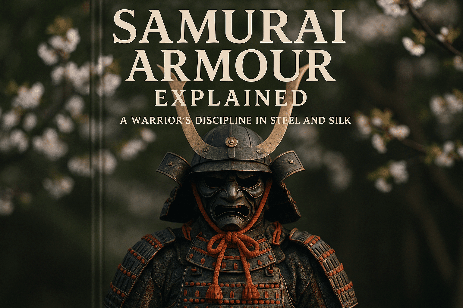 alt_text: A stunning book cover showcasing Samurai armour, blending tradition, nature, and craftsmanship.
