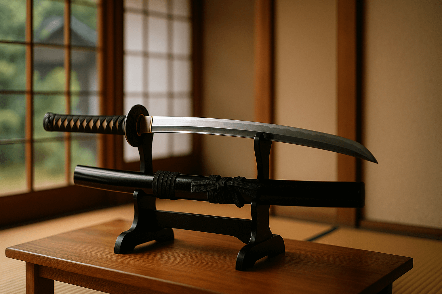 alt_text: Elegant katana displayed in a serene Japanese setting, showcasing style and respect for tradition.
