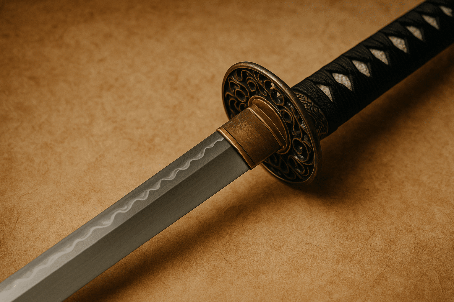 alt_text: A detailed katana on textured parchment, exuding tradition and elegance, representing BushidoShop.nl.