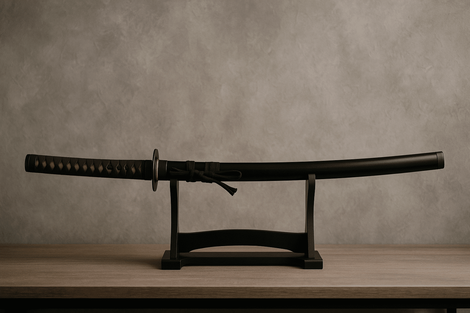 alt_text: Elegant katana display on textured backdrop, blending tradition with modern design for home showcasing.