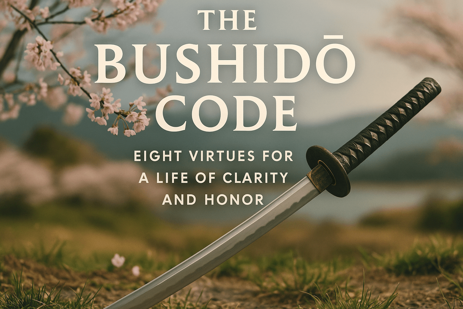 alt_text: A striking book cover showing a katana, cherry blossoms, and samurai virtues in a serene landscape.
