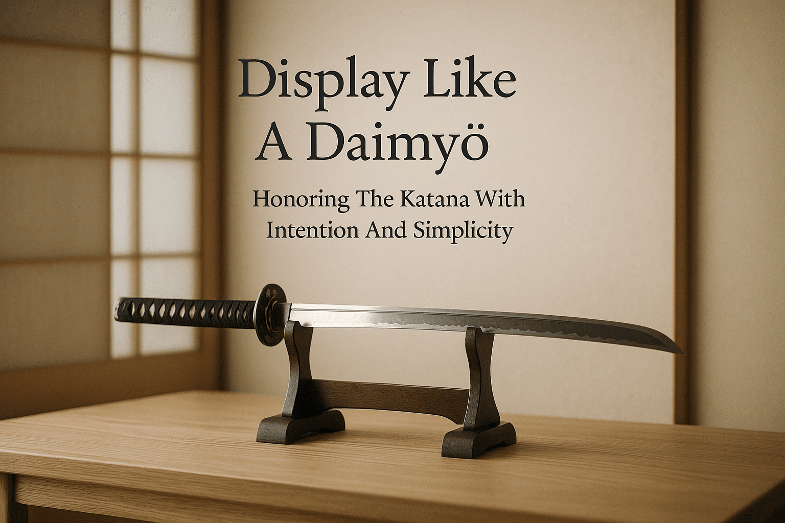 alt_text: A serene book cover featuring an elegant katana in a minimalistic Japanese-style room with soft tones.
