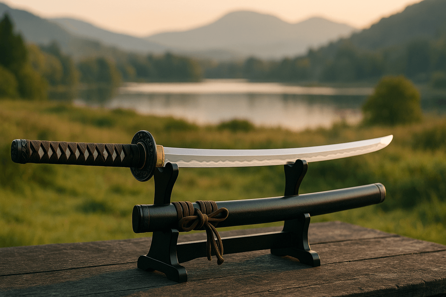 alt_text: A serene landscape with a displayed katana, showcasing craftsmanship and art of maintenance.
