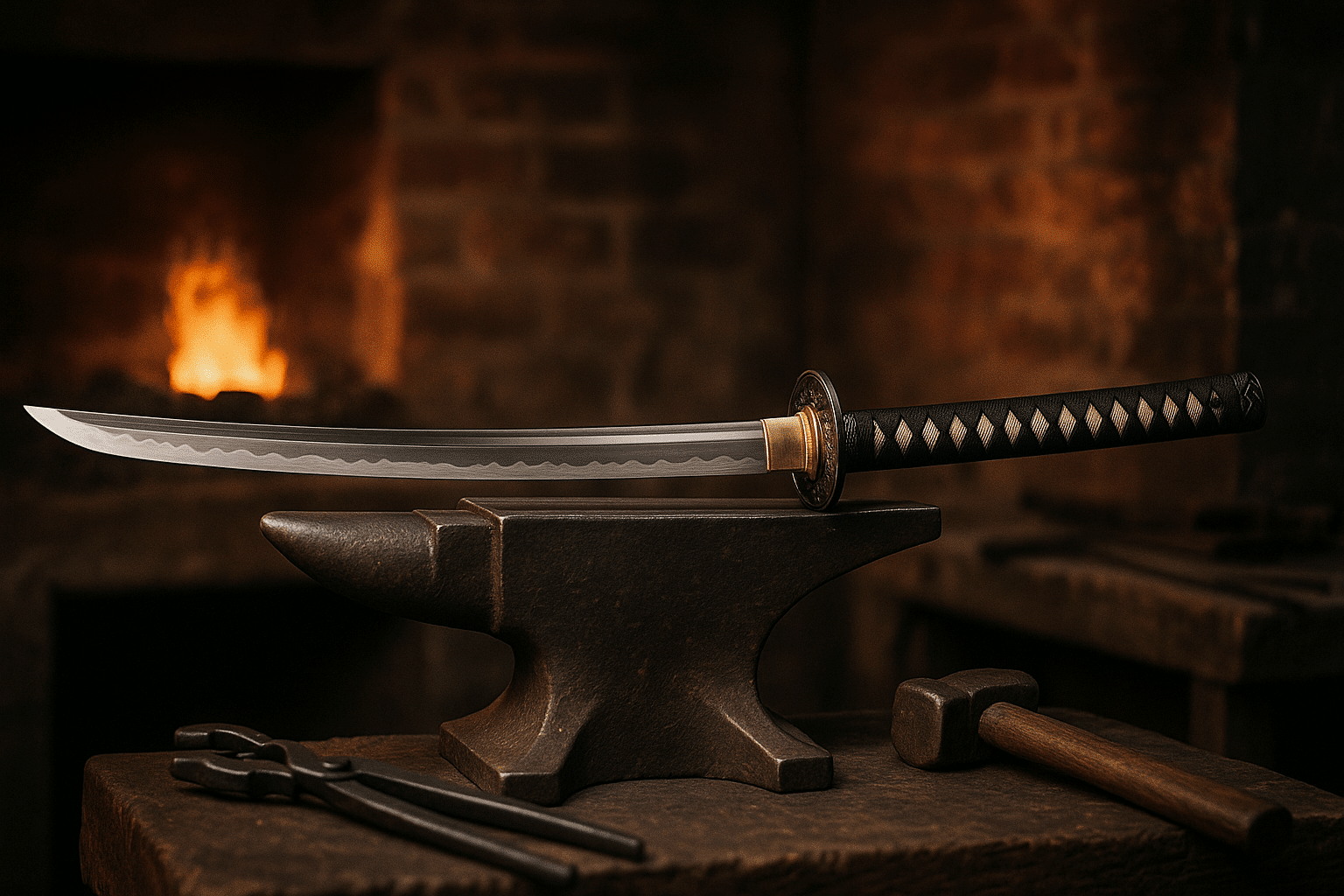 alt_text: A stunning katana center stage, with forge textures and tools, showcasing craftsmanship and tradition.