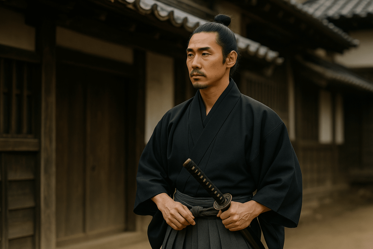 alt_text: A poised samurai in traditional attire stands next to Edo-era architecture, embodying peace and discipline.