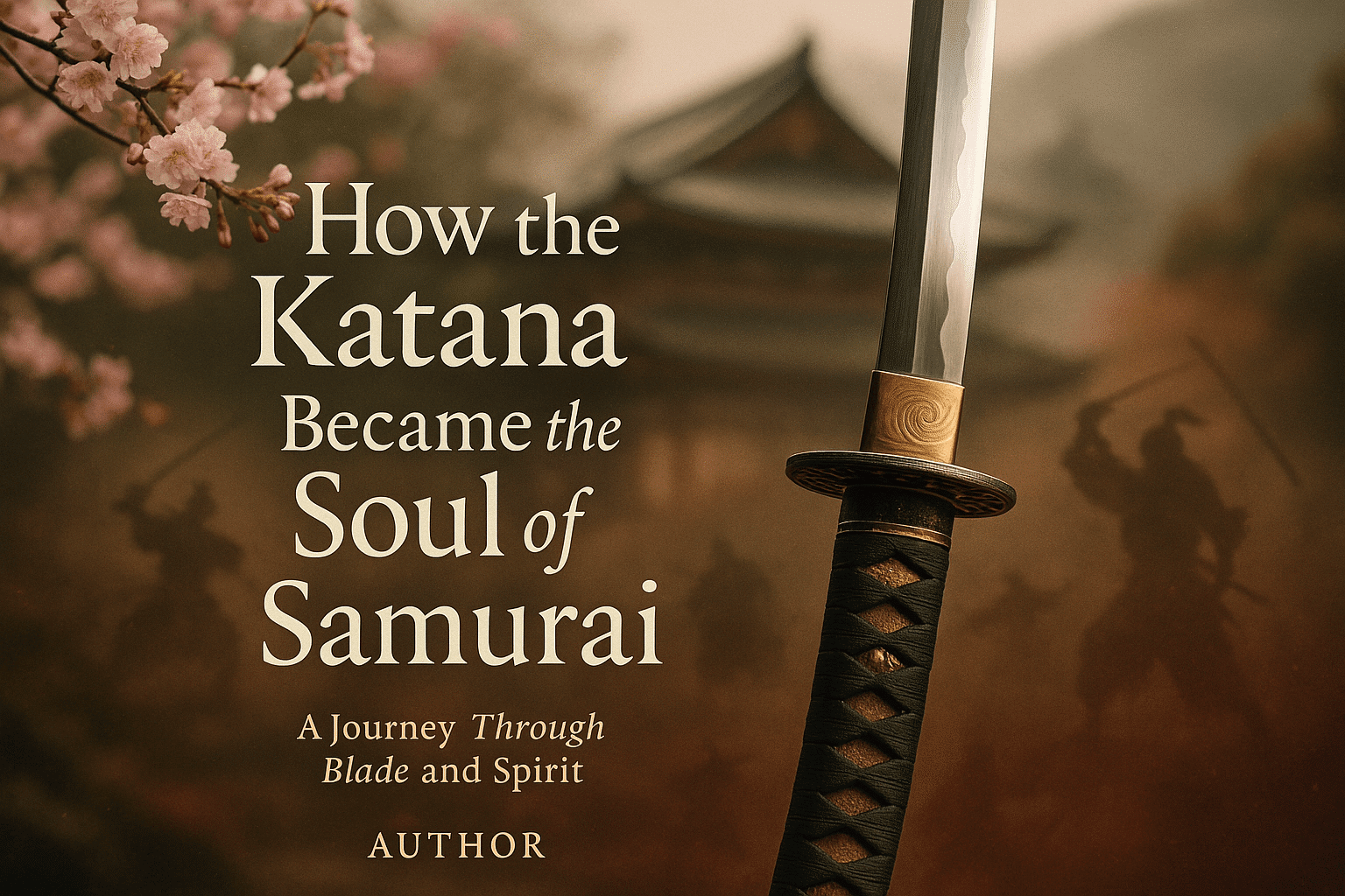 alt_text: A striking katana glistens amidst cherry blossoms and mountains, symbolizing samurai honor and spirit.