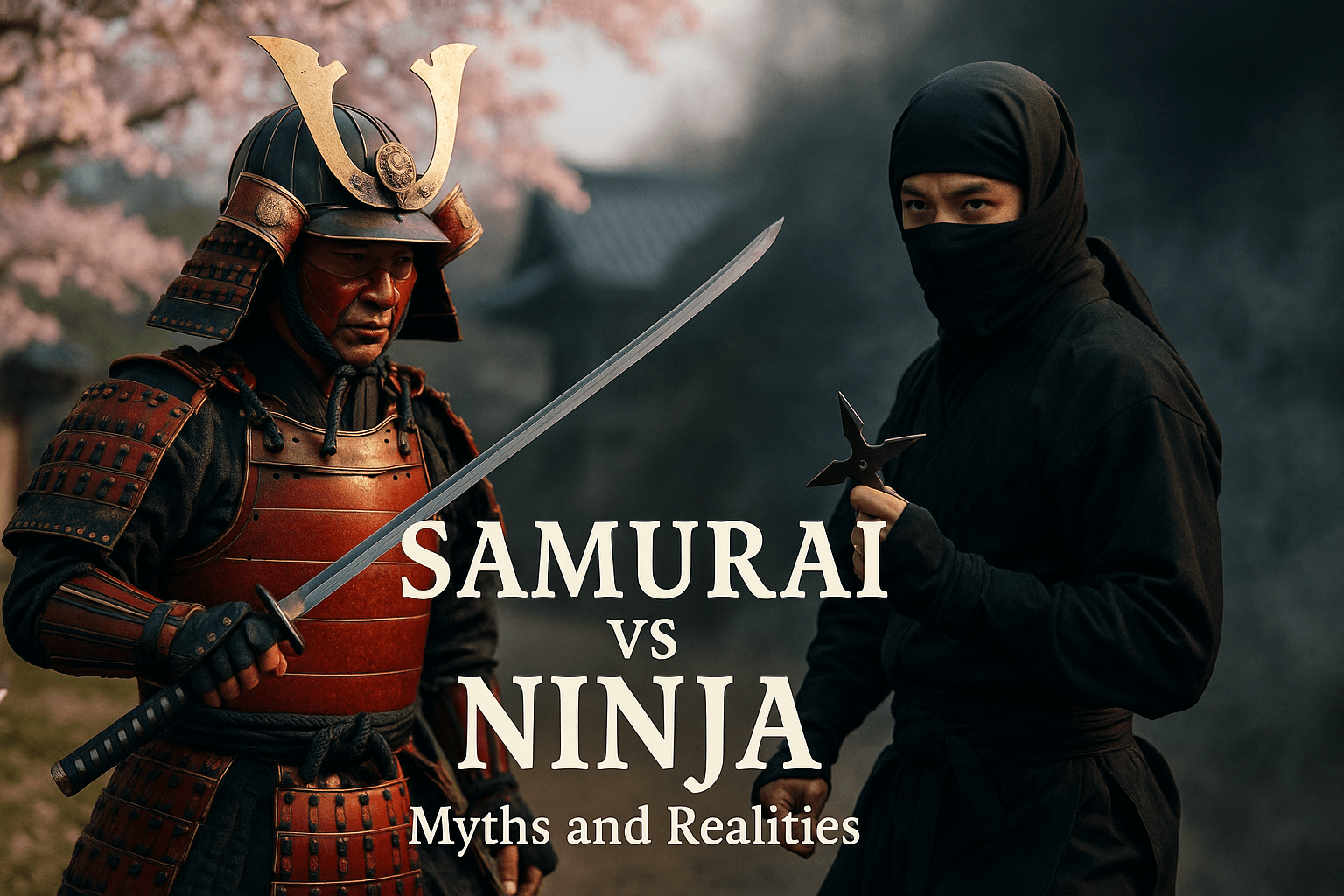 alt_text: A samurai and ninja face off, set against a cherry blossom backdrop, spotlighting their cultural contrast.