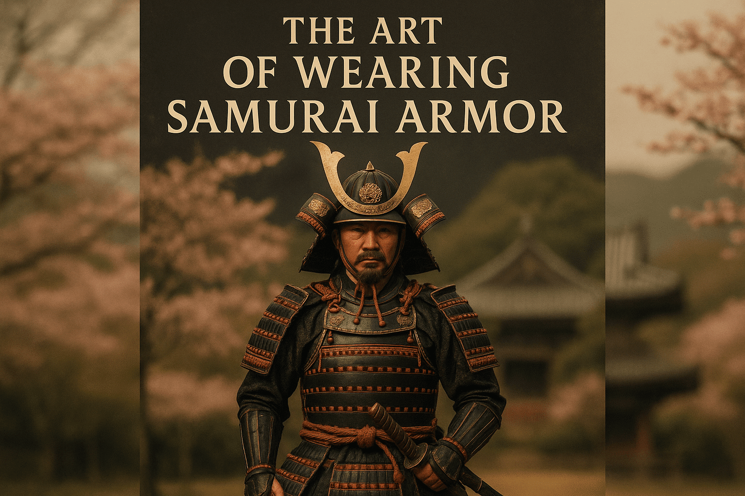 A majestic samurai in intricate armor stands poised, surrounded by cherry blossoms and dojo elements.