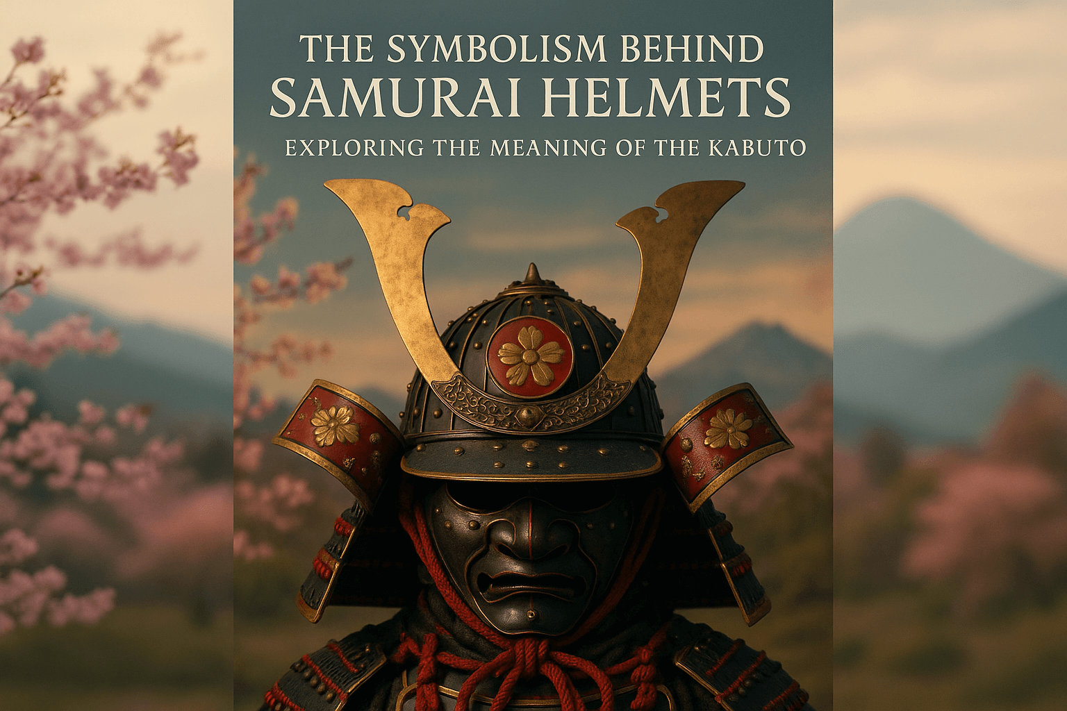 alt_text: An elegant samurai helmet cover, showcasing its cultural significance amid cherry blossoms and mountains.