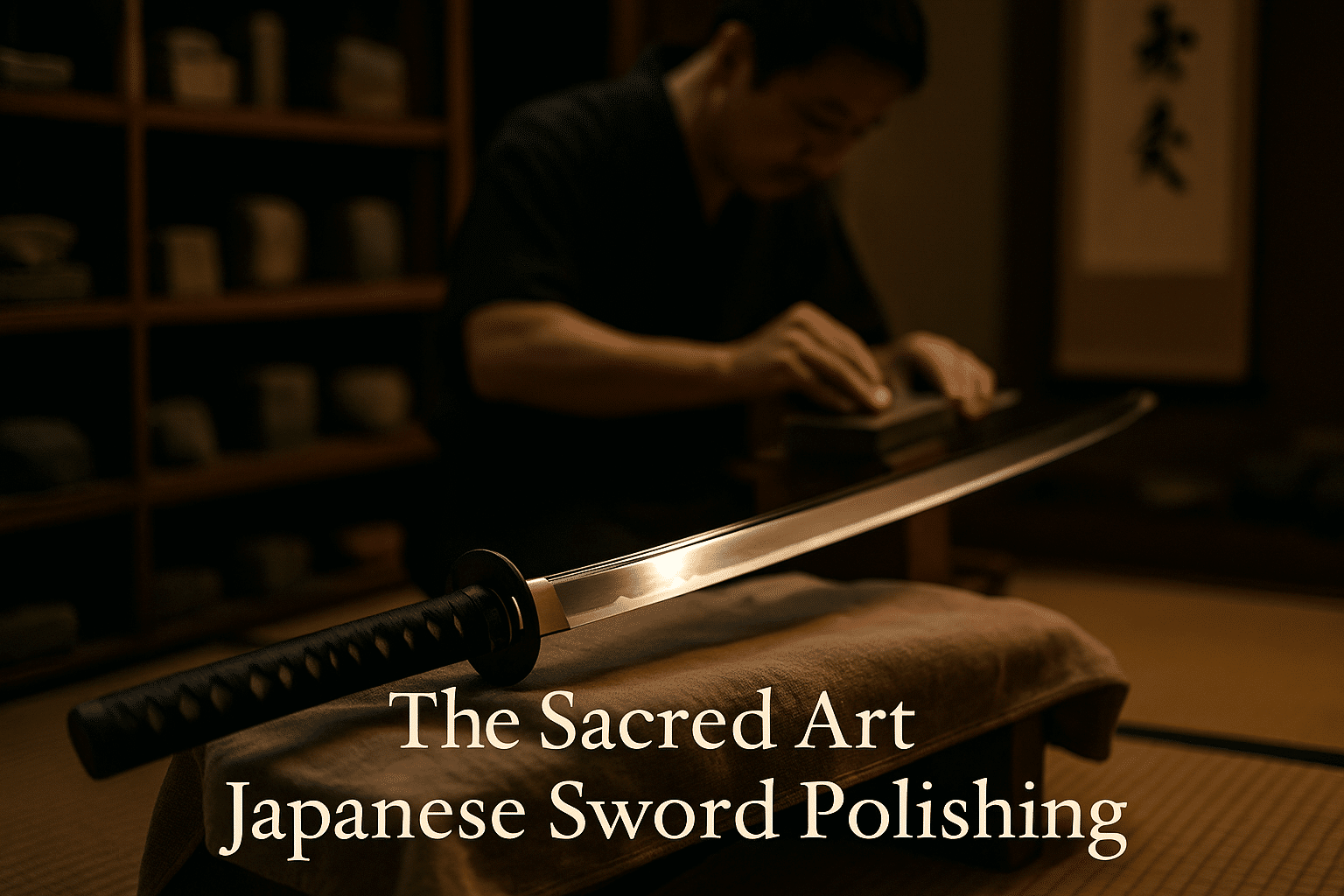 alt_text: A polished katana on soft cloth, set in a serene Japanese workshop, showcasing traditional craftsmanship.