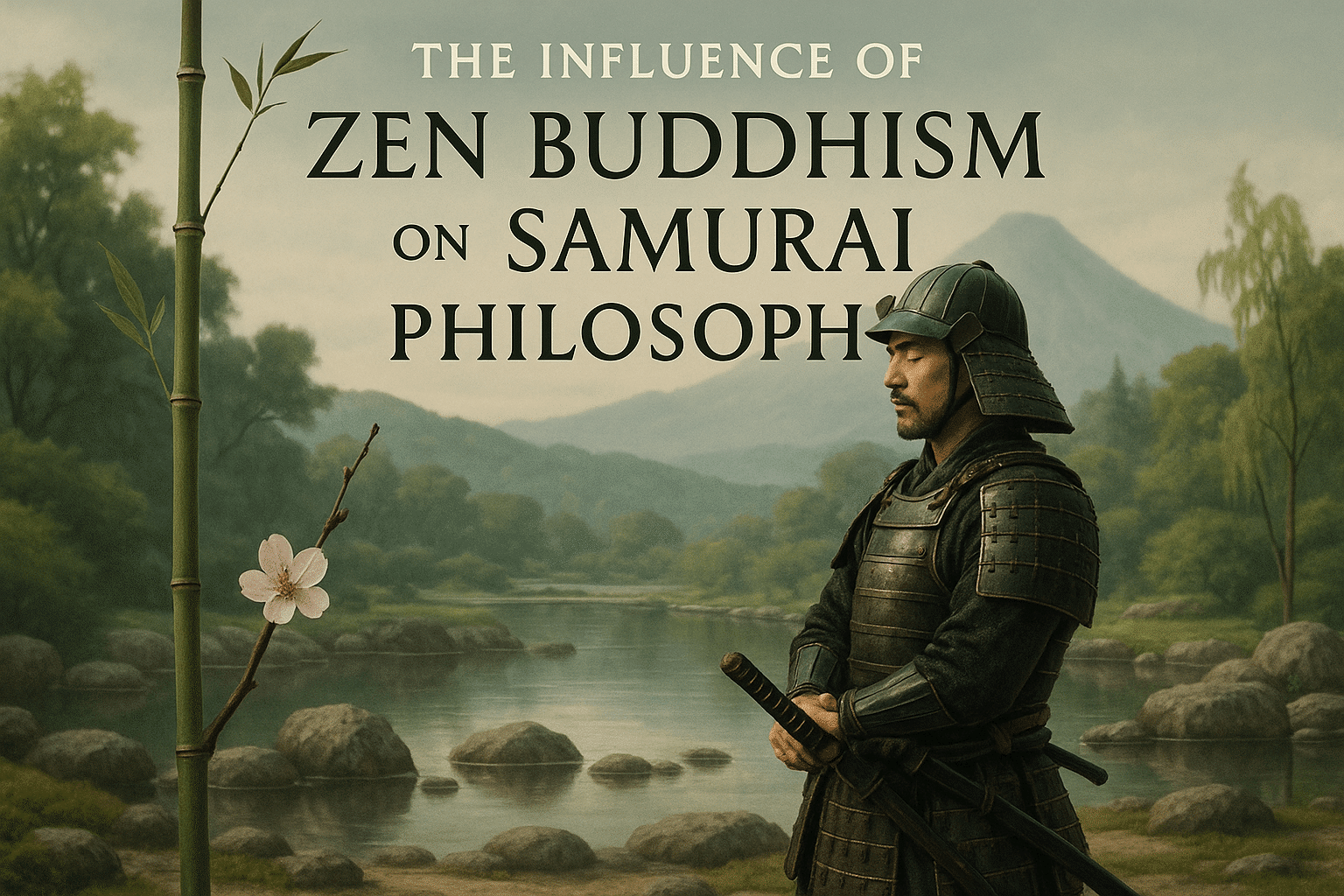 alt_text: A serene samurai in armor, meditating in a tranquil landscape, embodies Zen Buddhism and strength.
