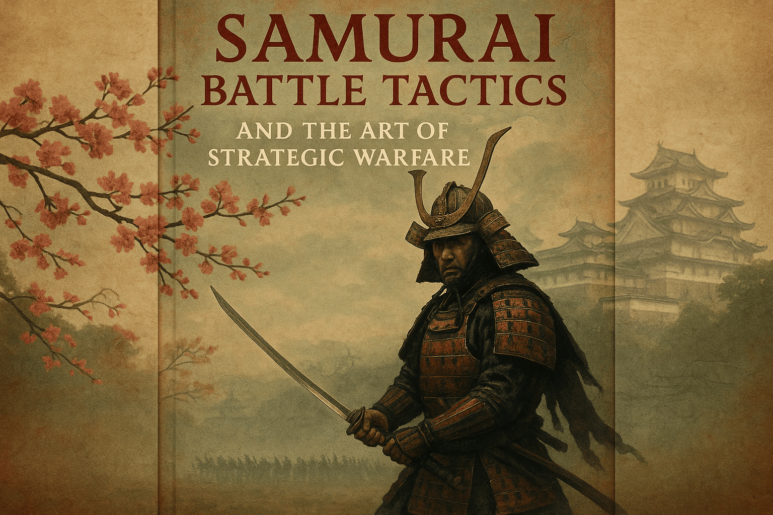alt_text: A samurai in armor wielding a katana, set in a misty landscape with cherry blossoms and a castle.