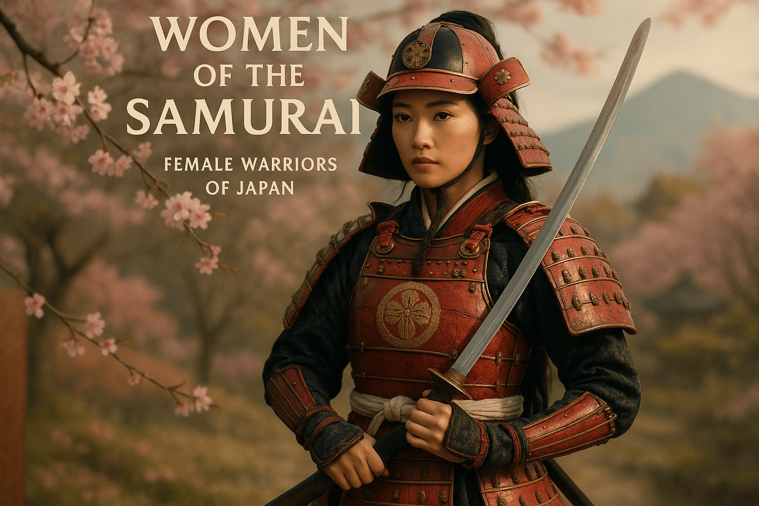 alt_text: A female samurai warrior stands gracefully in armor, embodying strength against a serene Japanese backdrop.