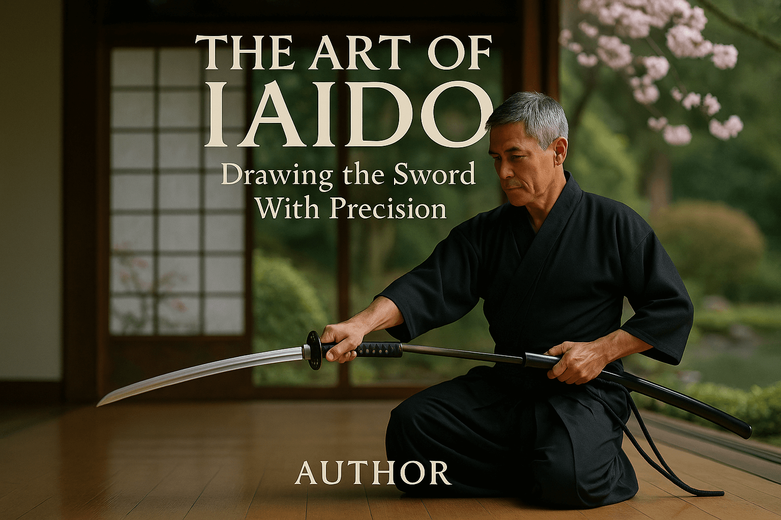 **alt_text**: A serene dojo scene with a practitioner drawing a katana, embodying Iaido's grace and focus.