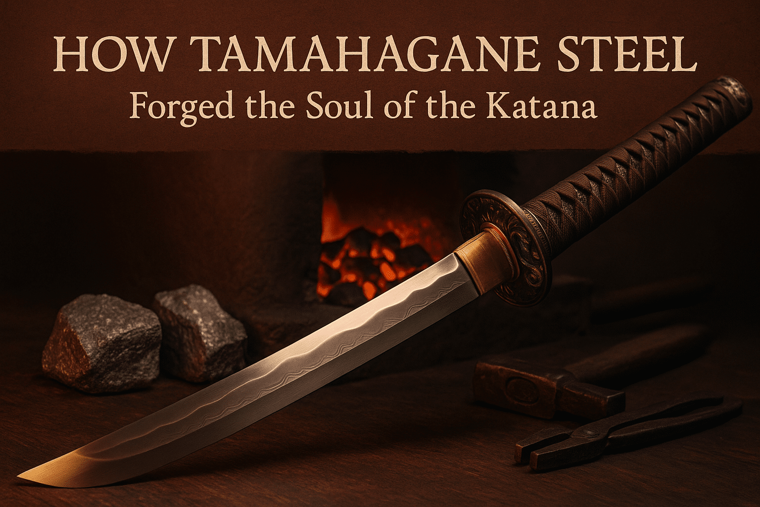alt_text: A striking katana under soft light, showcasing craftsmanship amid a traditional forge backdrop.