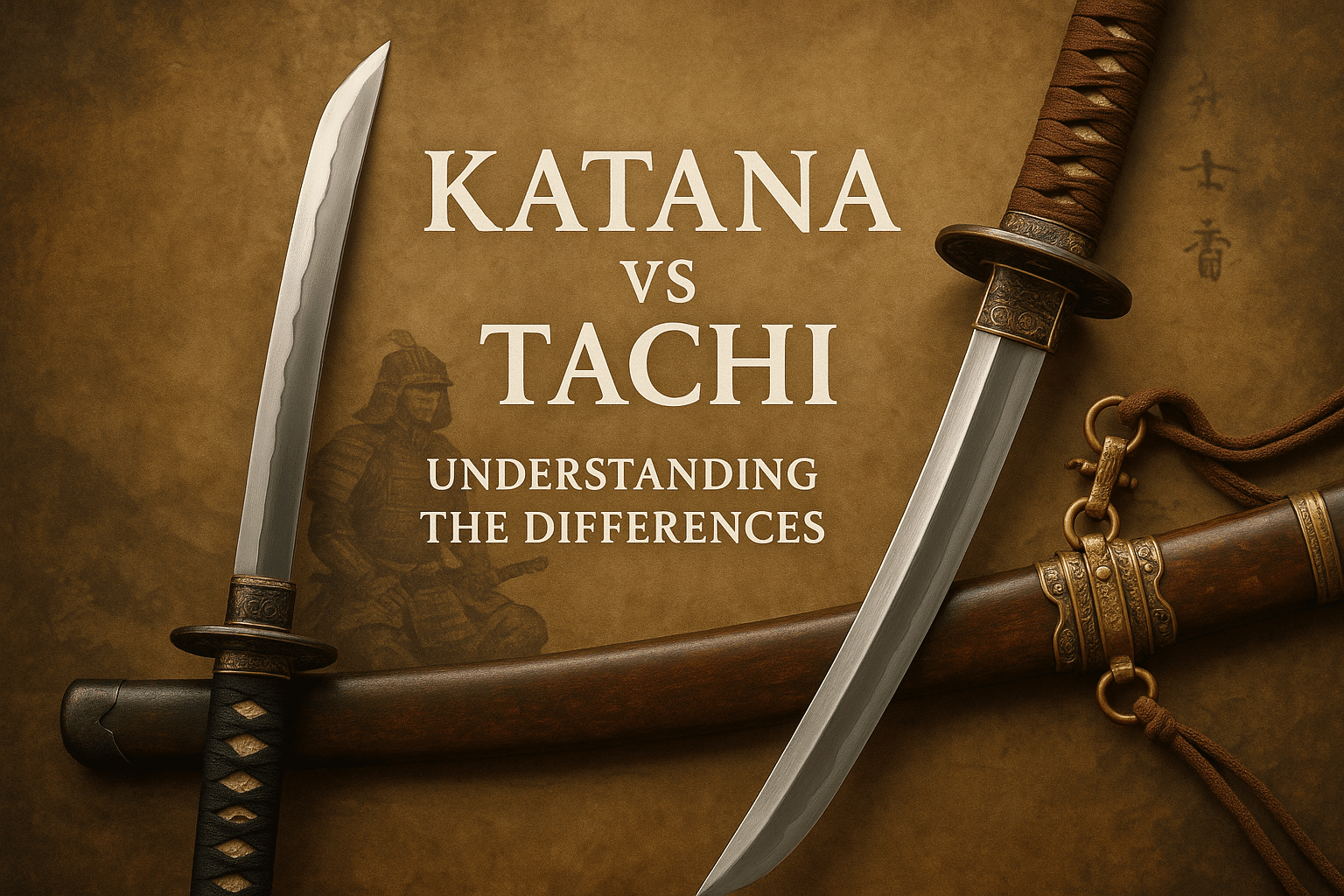 alt_text: A split image of a katana and tachi, showcasing their designs against a historical Asian backdrop.