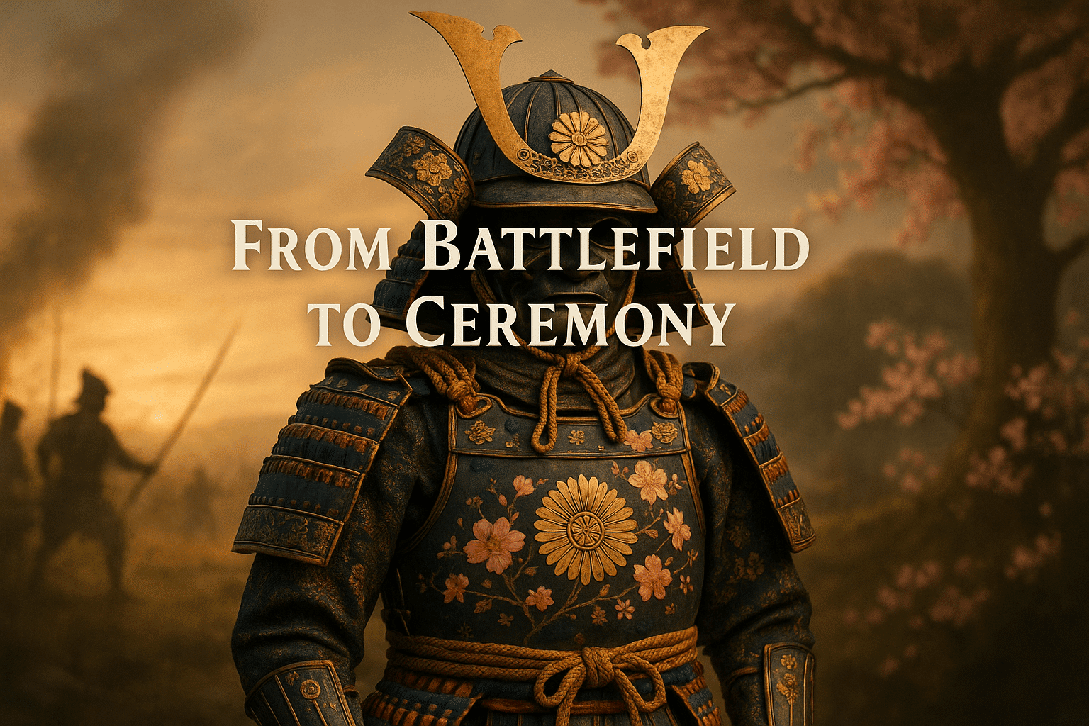 alt_text: A vivid cover image illustrating the evolution of samurai armor from battlefield to ceremonial elegance.