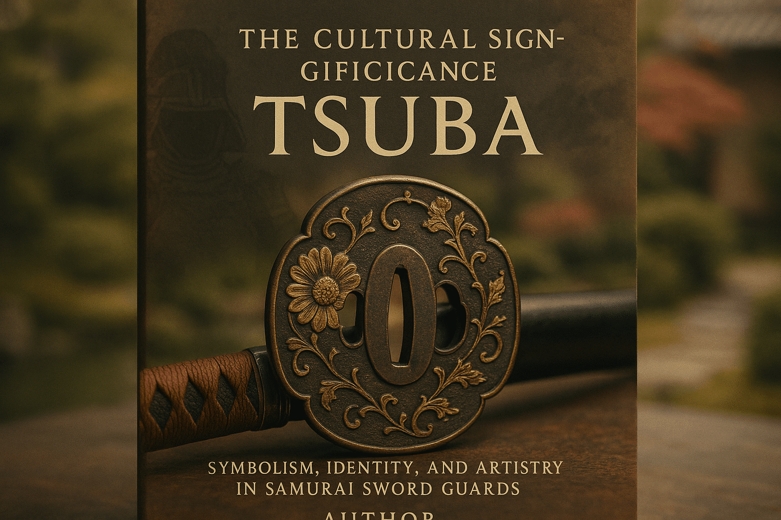 alt_text: A detailed tsuba amid a serene Japanese setting, highlighting craftsmanship and cultural significance.
