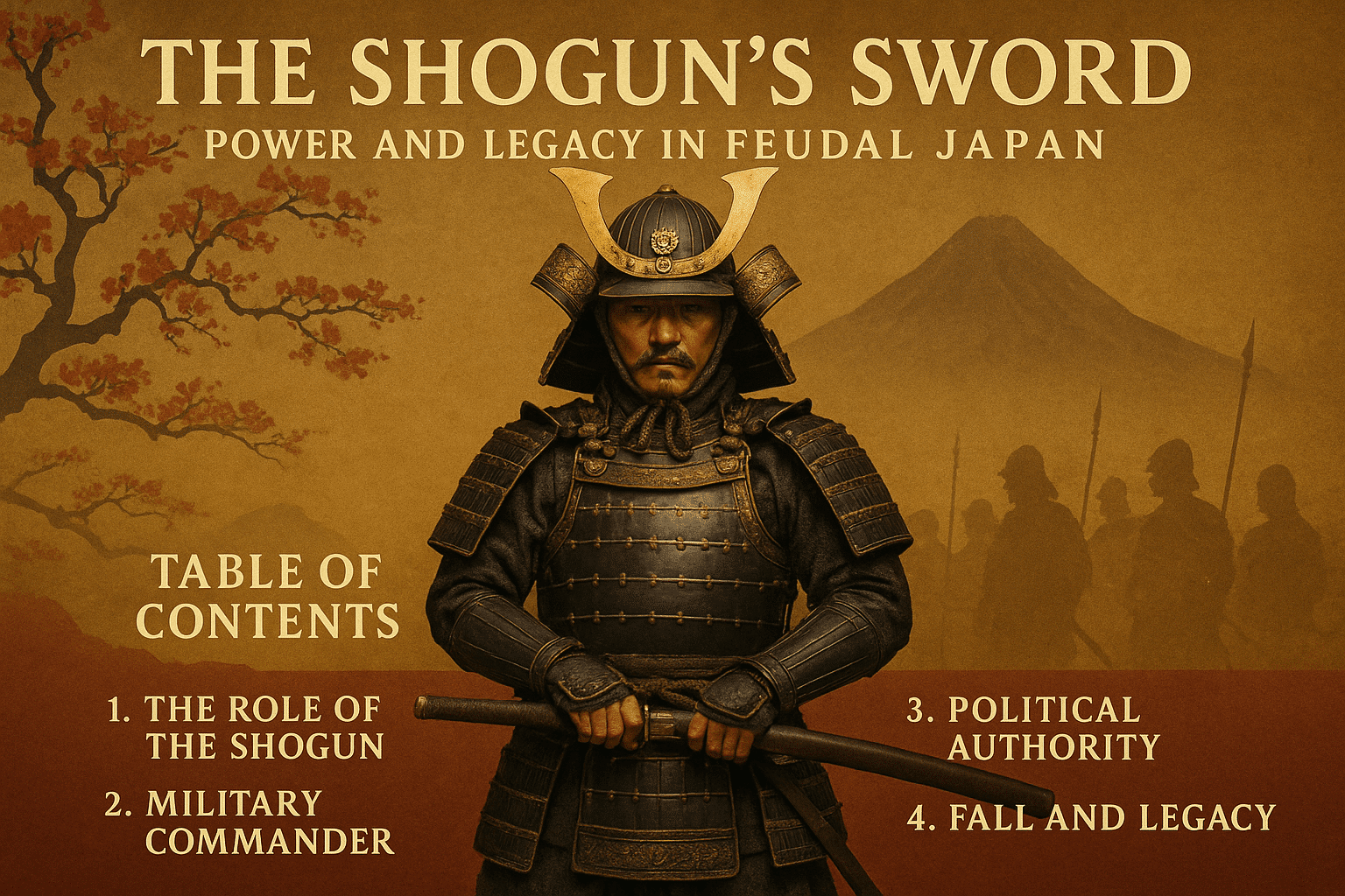 alt_text: A shogun in armor stands amidst feudal Japan's beauty, symbolizing power, loyalty, and history.