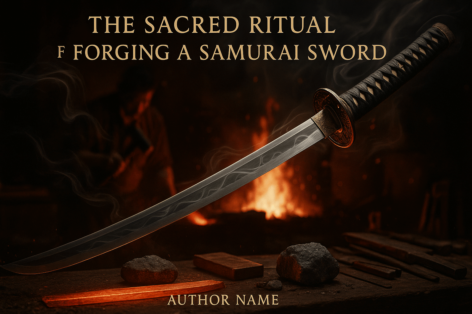 alt_text: A radiant samurai sword shines in a forge, embodying craft, spirit, and rich tradition.