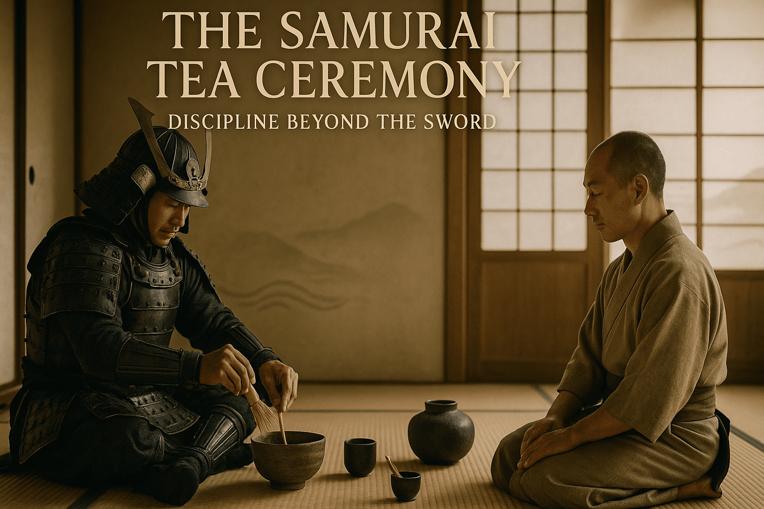 alt_text: A serene tea room features a samurai in armor preparing tea, symbolizing harmony and discipline.