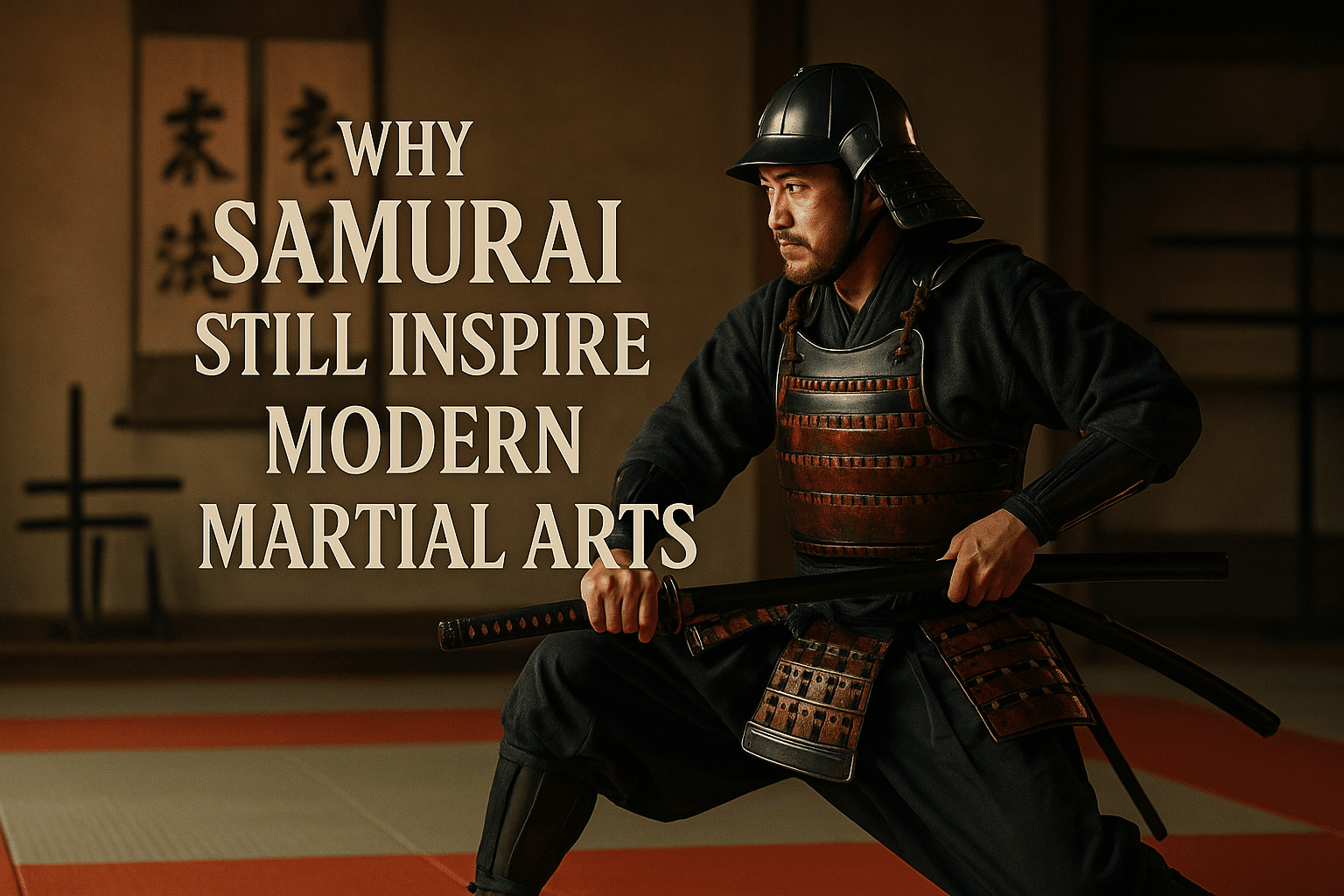 alt_text: A dynamic samurai in a dojo, merging tradition with modern martial arts, embodying honor and discipline.