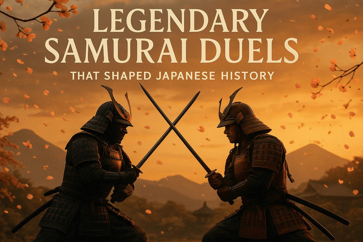 alt_text: A dramatic samurai duel at sunset, with cherry blossoms and mountains, embodying rich tradition.